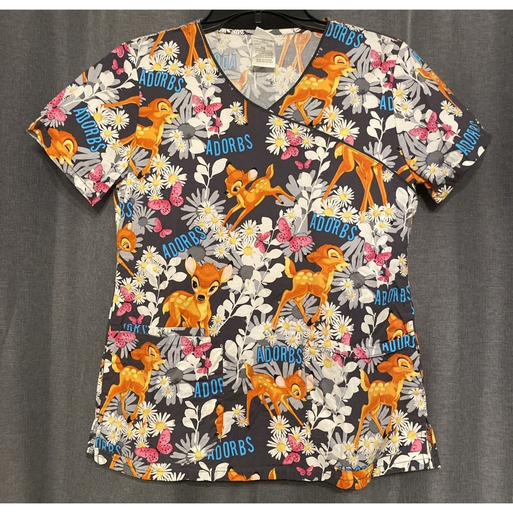 DISNEY Size XS Floral Scrub Top Bambi Adorbs Flowers Butterflies Cotton Blend